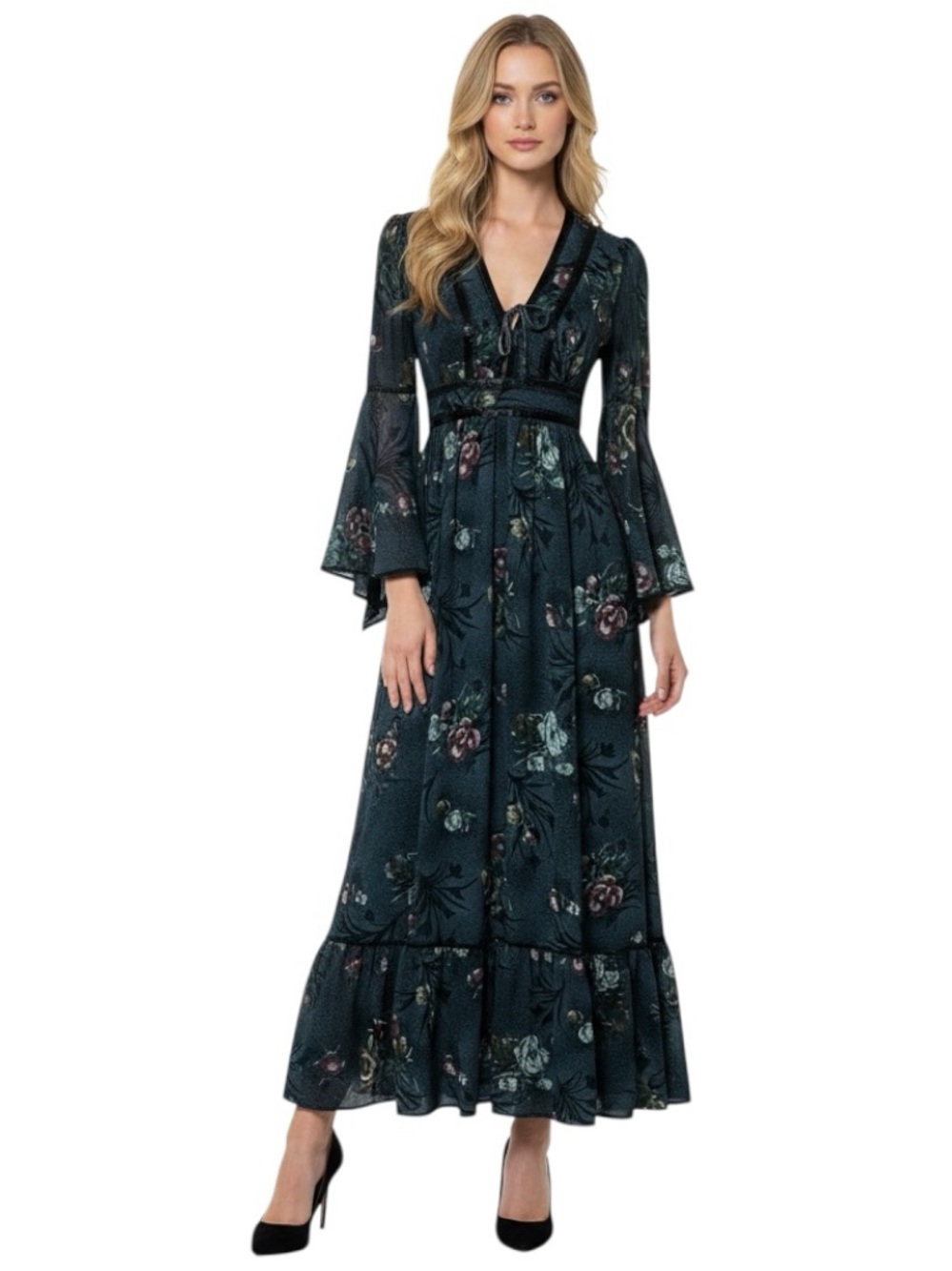Vintage 70s Candi Jones California Floral Maxi Dress Bell Sleeves XXS Black Blue
